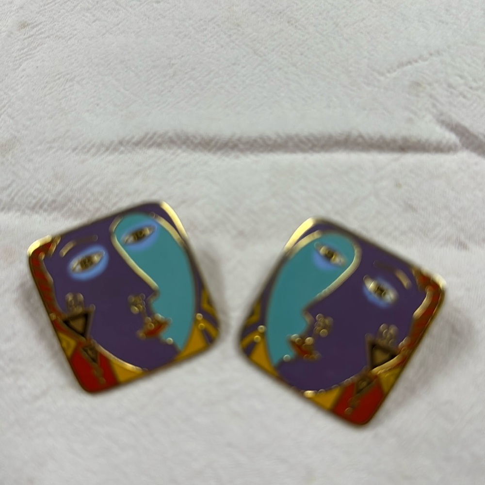Laurel Burch Pharaoh's Daughter Cloisonné Pierced Earrings 1993 Vintage Signed